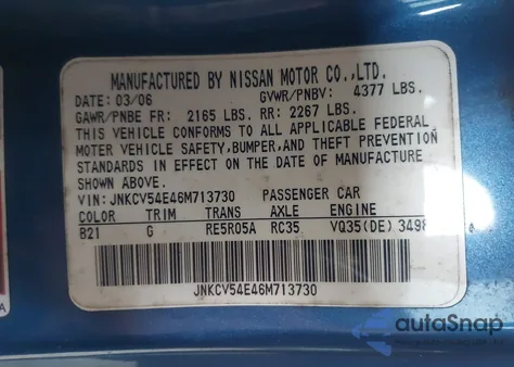 2006 Infiniti G35 z USA, uszkodzony, nr VIN JNKCV54E46M713730